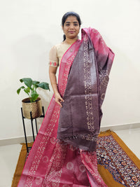 Bhagalpuri with Silver Zari Weaving Batik Print - Pink with Dark Maroon