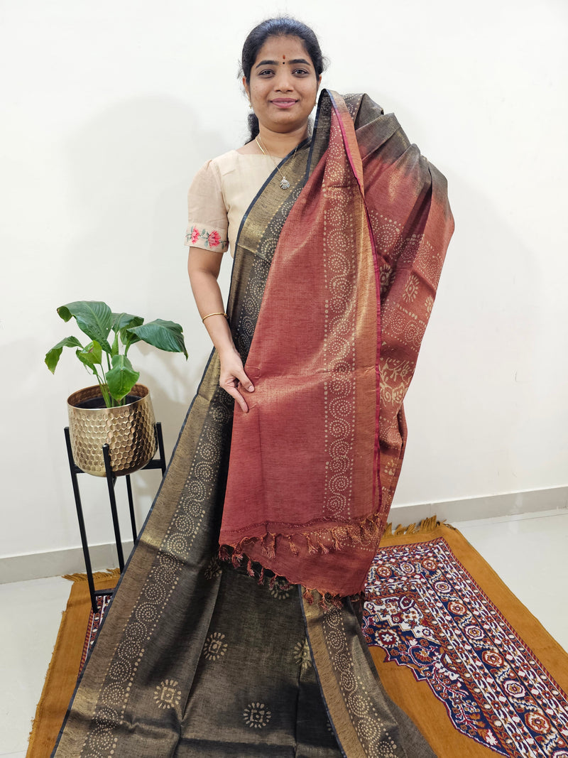 Bhagalpuri with Gold Zari Weaving Batik Print - Brown with Maroon