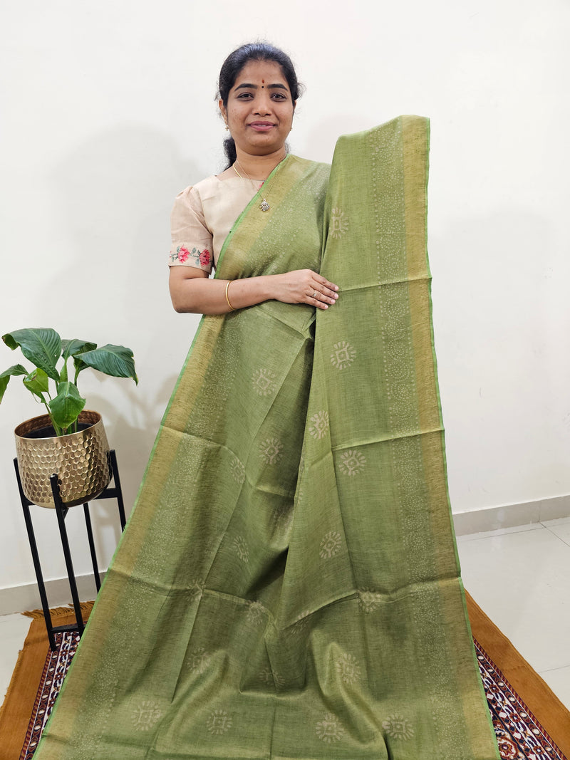 Bhagalpuri with Gold Zari Weaving Batik Print - Green with Grey