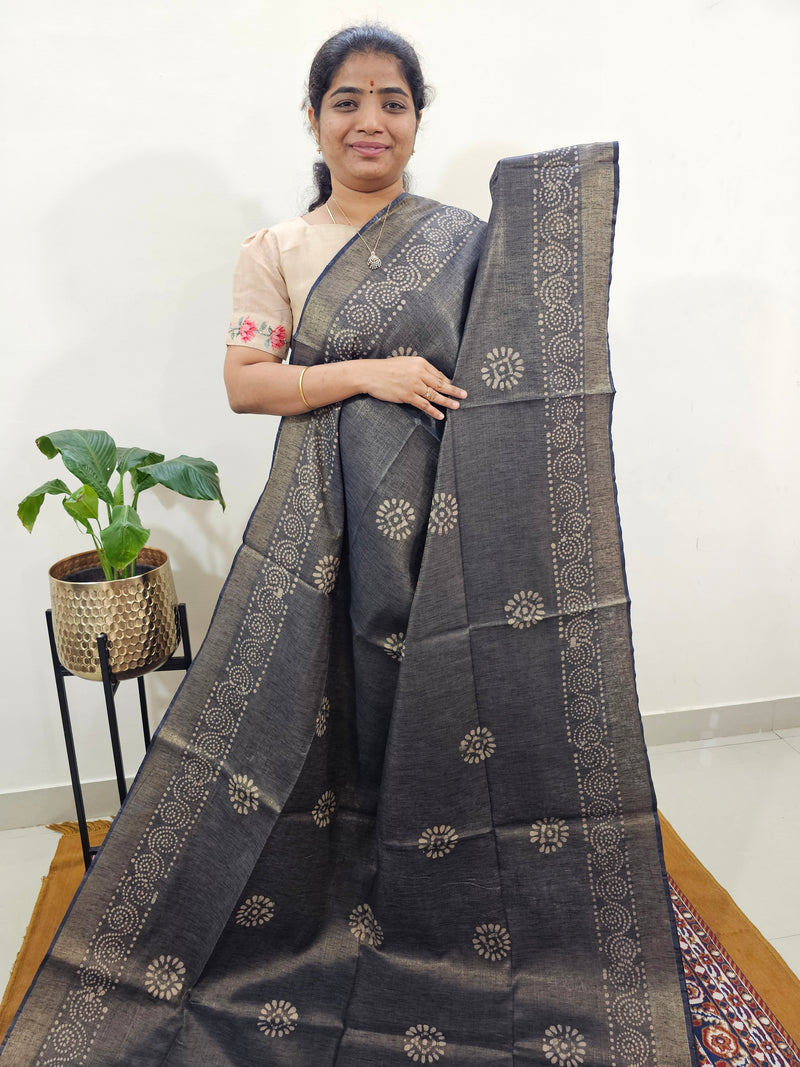 Bhagalpuri with Gold Zari Weaving Batik Print - Grey with Sea Green