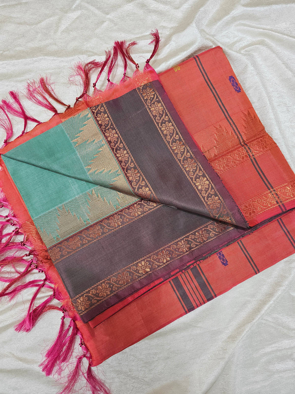 Chinnalampattu Border - Sea Green with Dual Shade Pink