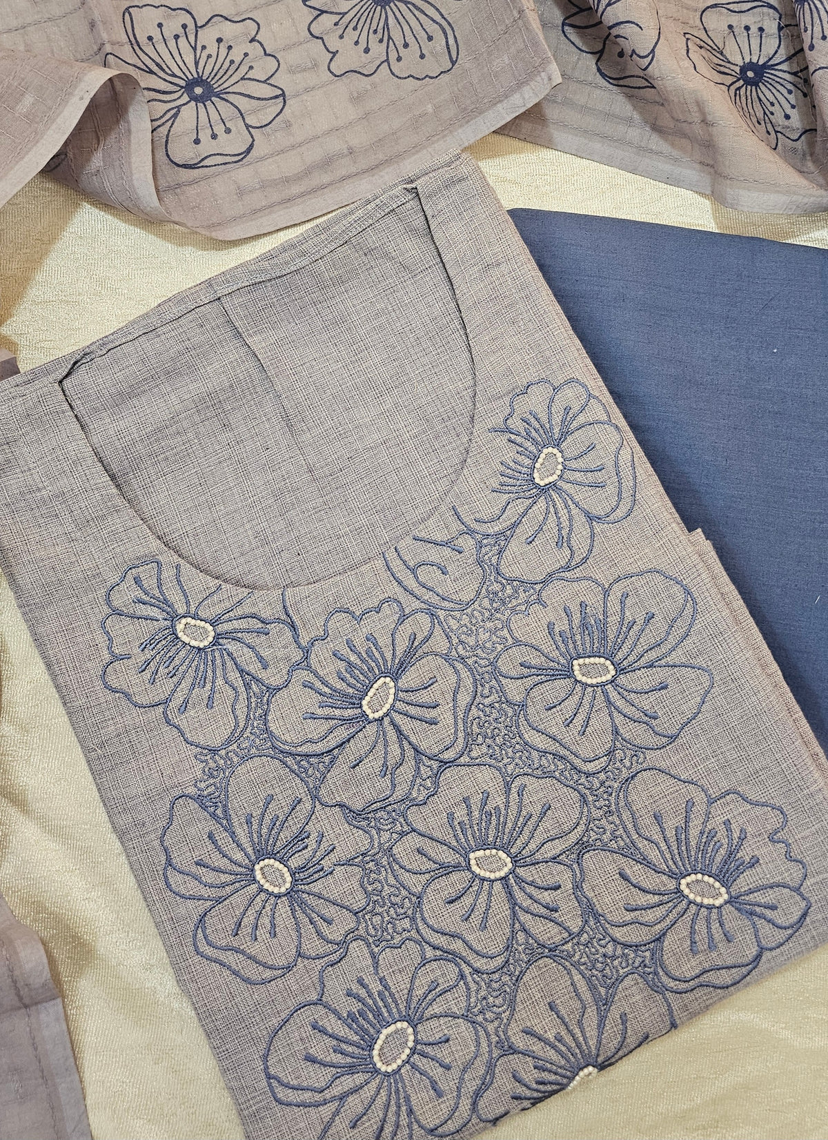 Pure Cotton with Emboridery Neck Pattern - Pastel Blue
