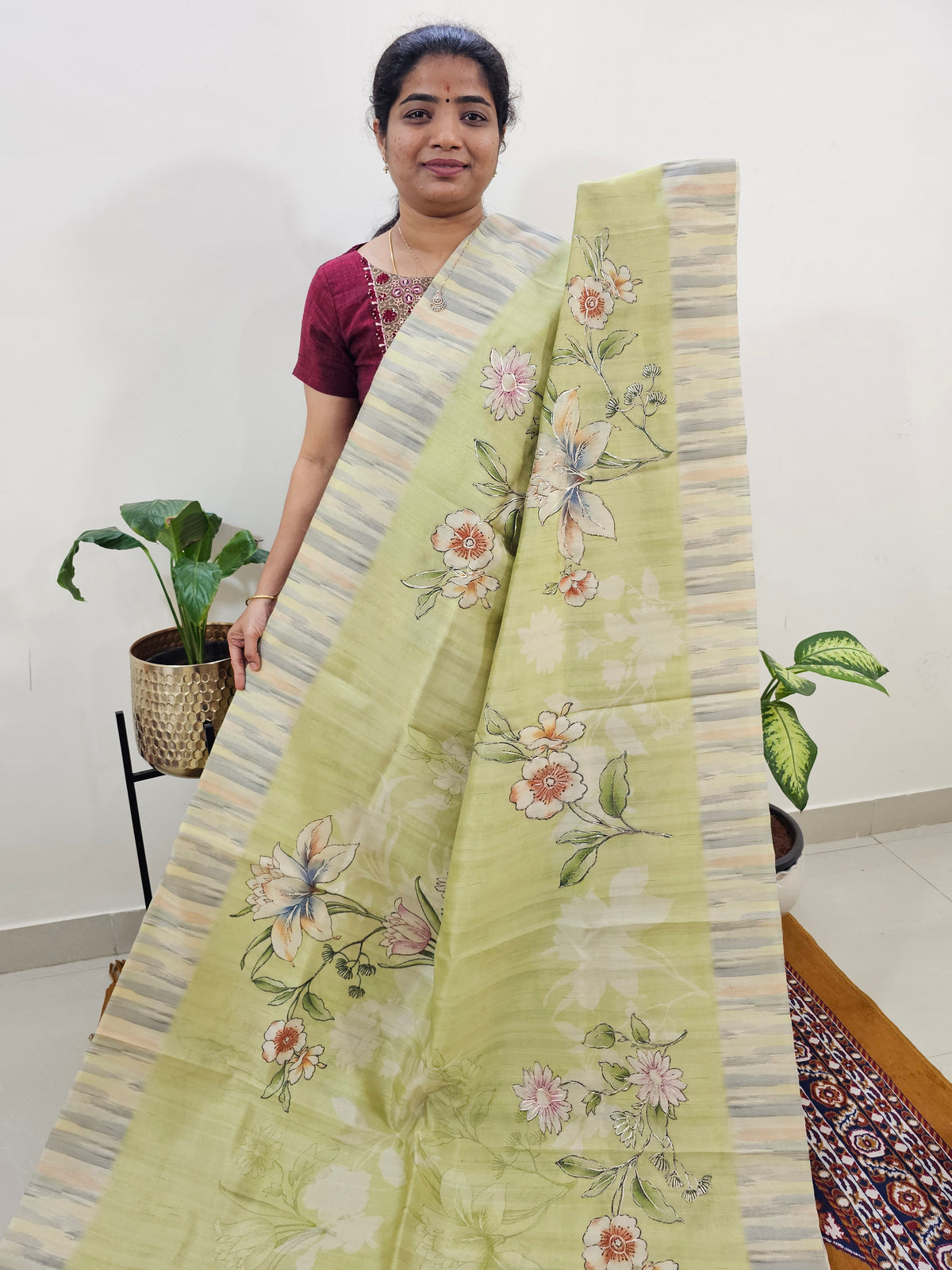 Semi Tussar with Pita Work - Mint Green