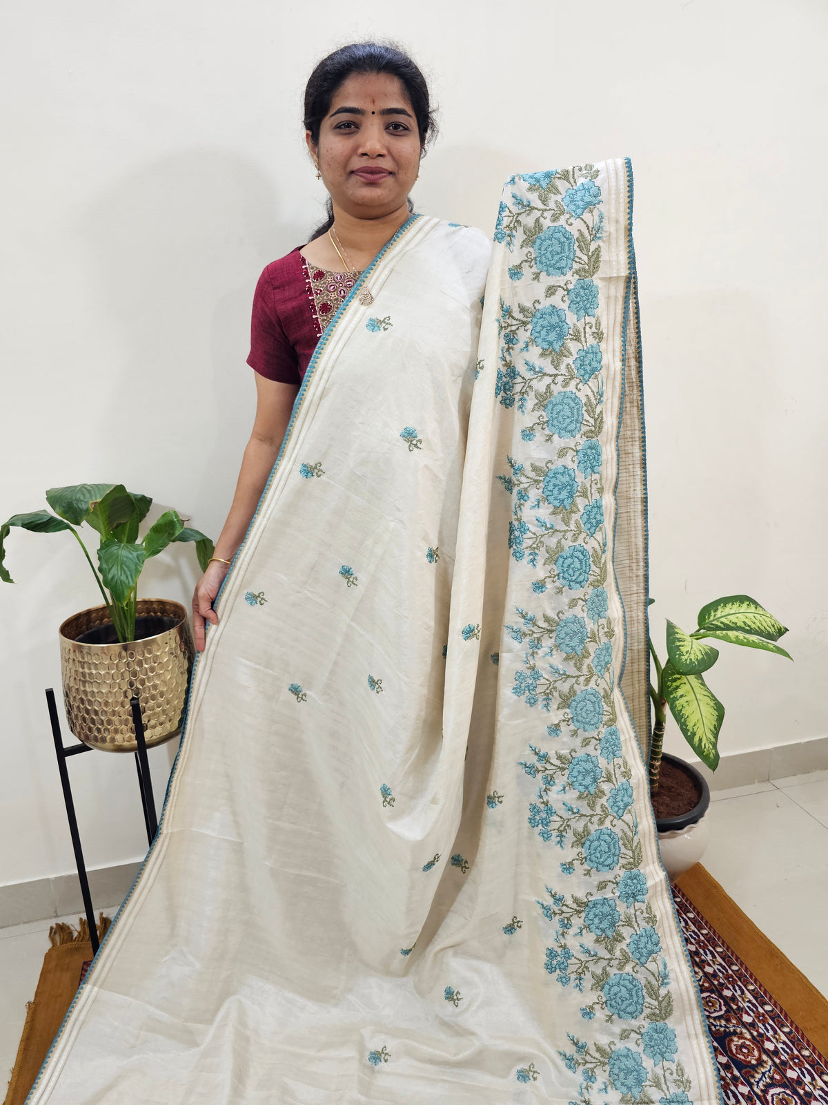 Chanderi Silk with Crochet Emboridery Saree - Cream with Blue