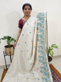 Chanderi Silk with Crochet Emboridery Saree - Cream with Blue