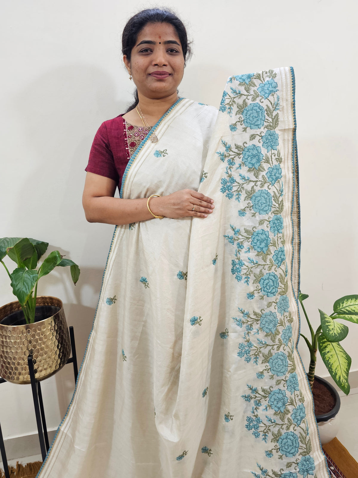 Chanderi Silk with Crochet Emboridery Saree - Cream with Blue