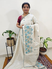 Chanderi Silk with Crochet Emboridery Saree - Cream with Blue
