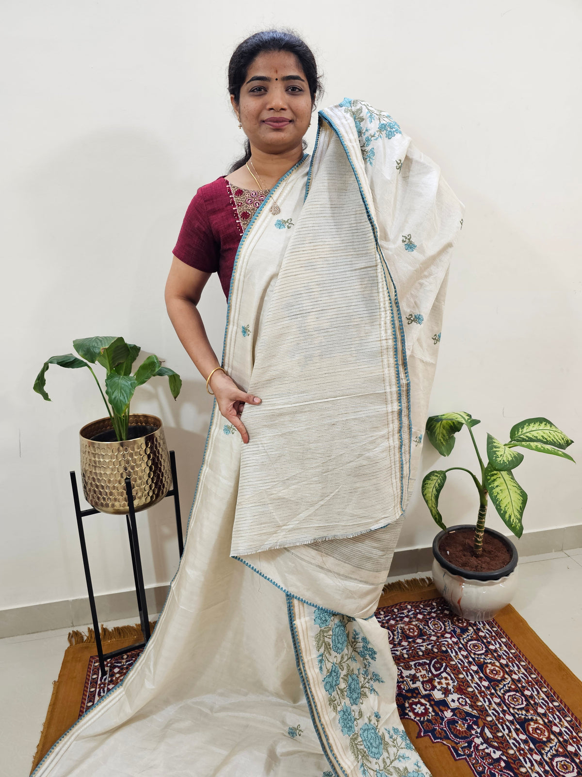 Chanderi Silk with Crochet Emboridery Saree - Cream with Blue