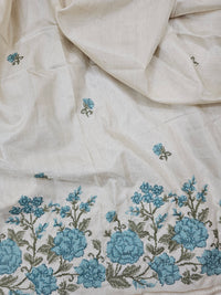 Chanderi Silk with Crochet Emboridery Saree - Cream with Blue