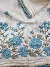 Chanderi Silk with Crochet Emboridery Saree - Cream with Blue