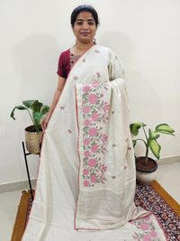 Chanderi Silk with Crochet Emboridery Saree - Cream with Pink