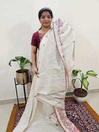 Chanderi Silk with Crochet Emboridery Saree - Cream with Pink