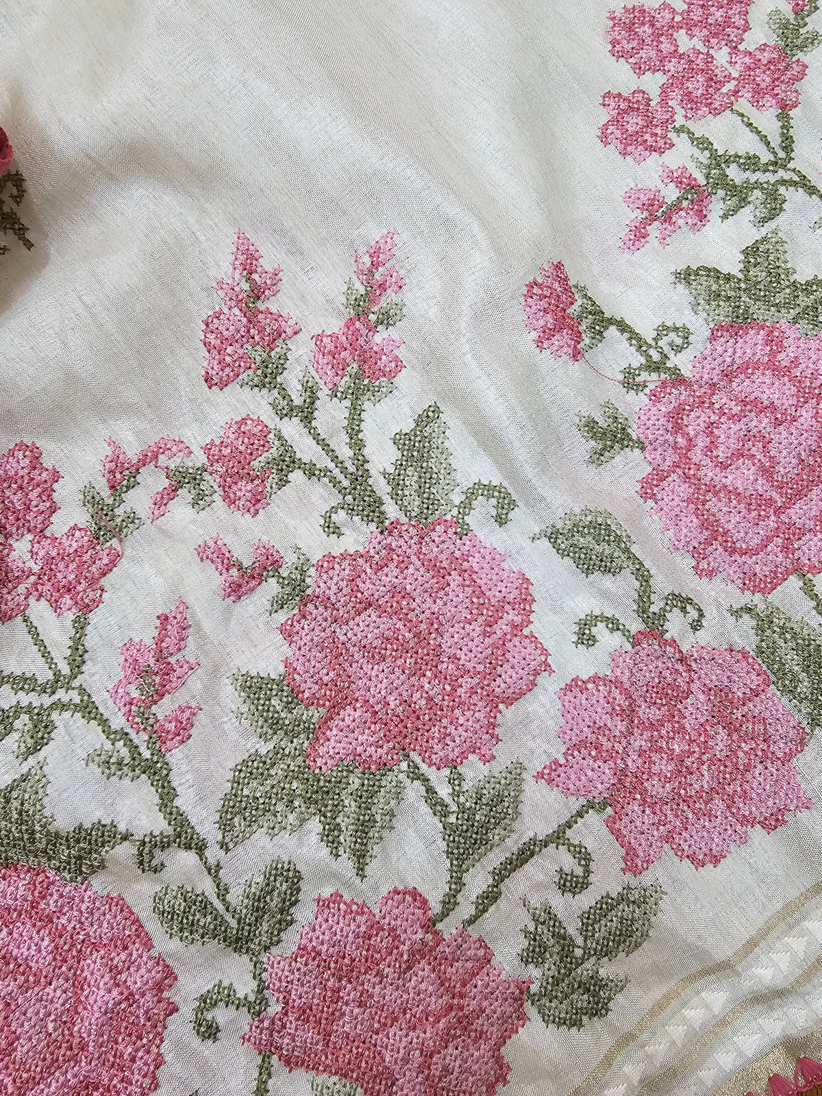 Chanderi Silk with Crochet Emboridery Saree - Cream with Pink