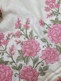 Chanderi Silk with Crochet Emboridery Saree - Cream with Pink