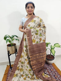 Pure Tussar Silk with Hand Paint - Off-white with Earthy Brown