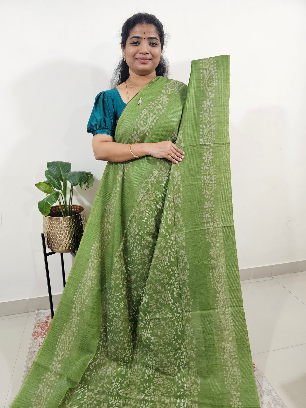 Bhagalpuri with Batik Print - Green with Grey