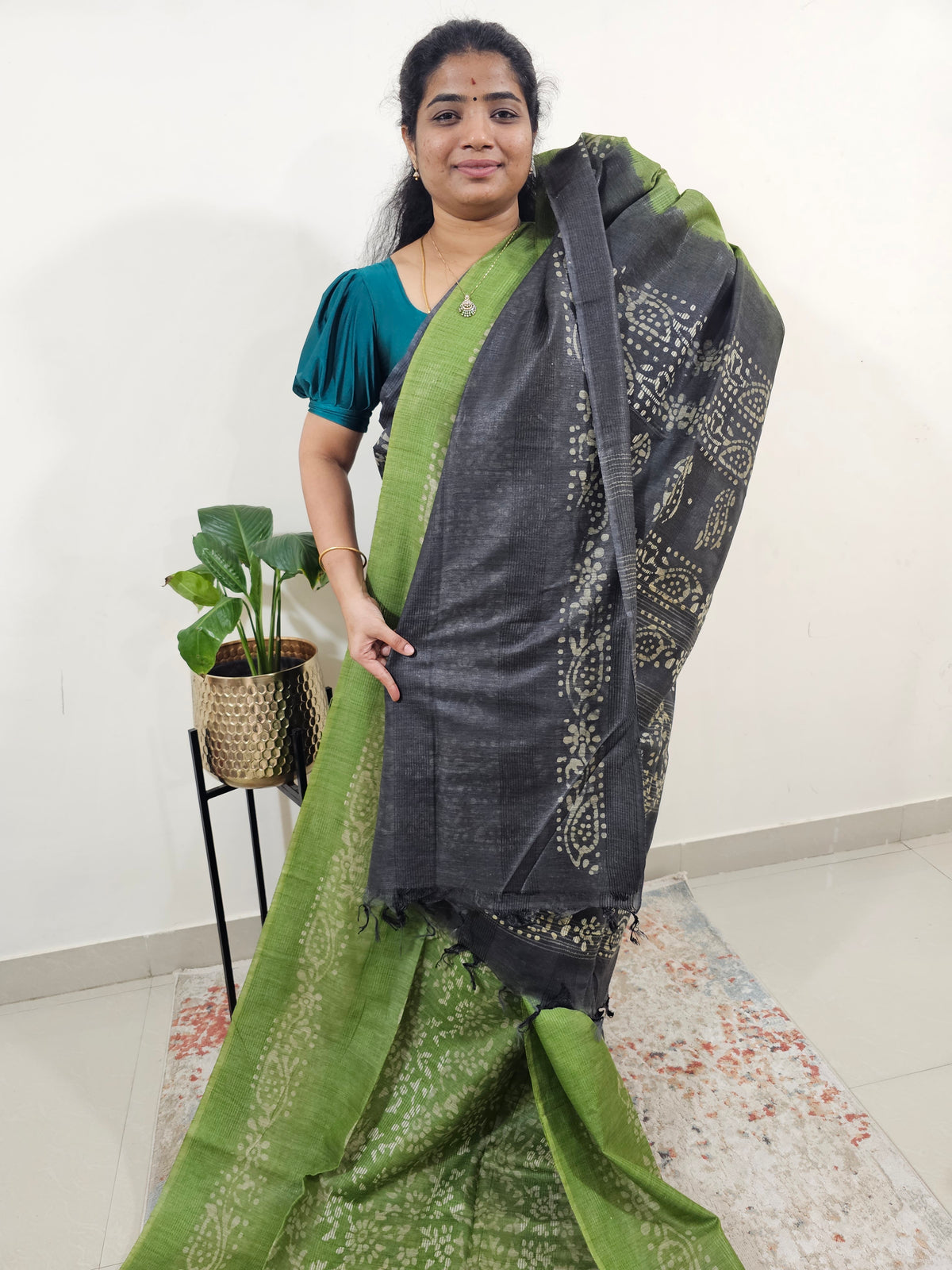 Bhagalpuri with Batik Print - Green with Grey