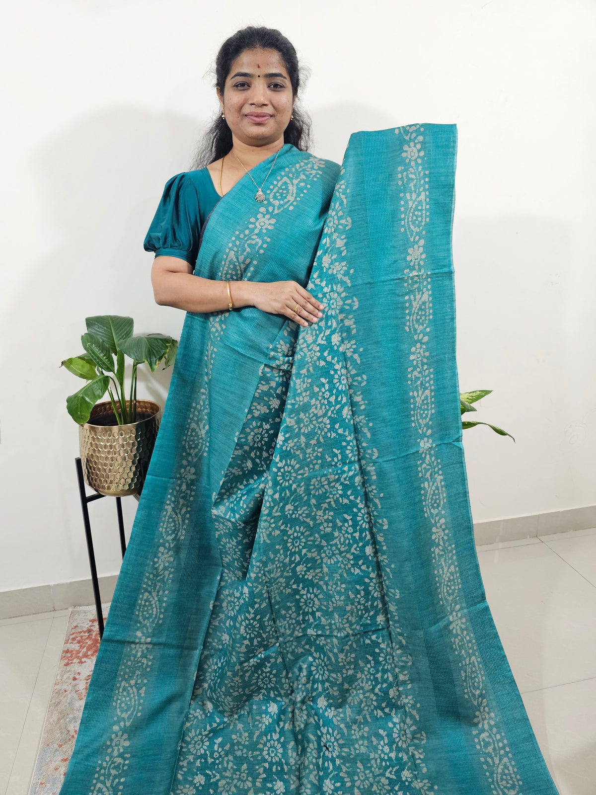 Bhagalpuri with Batik Print - Sea Green with Blue
