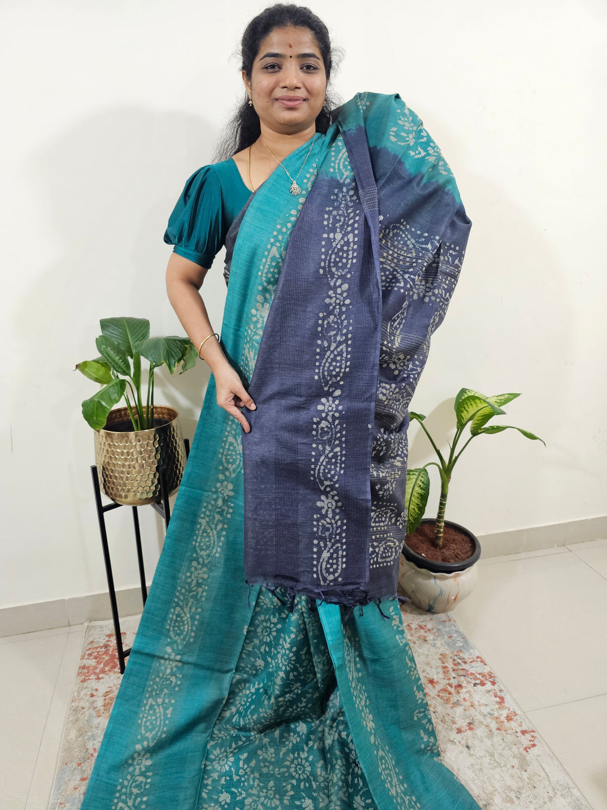 Bhagalpuri with Batik Print - Sea Green with Blue