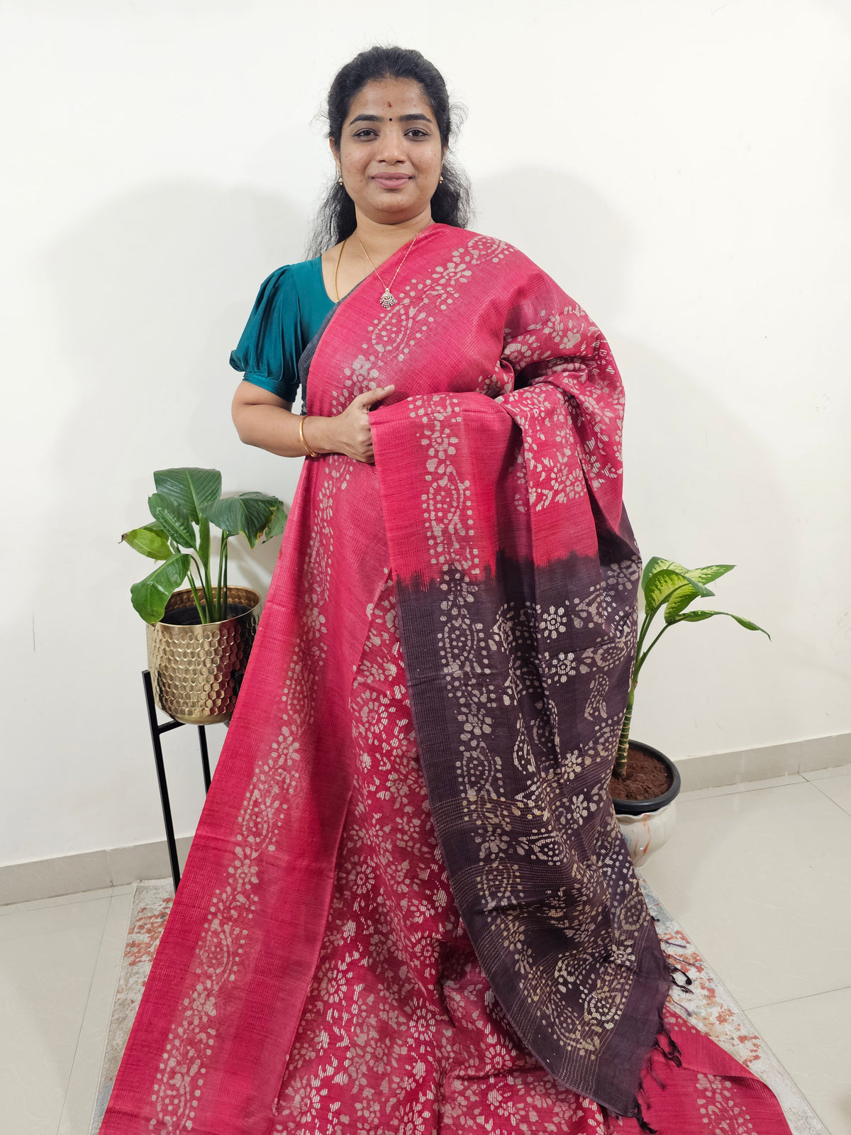 Bhagalpuri with Batik Print - Pink with Dark Brown