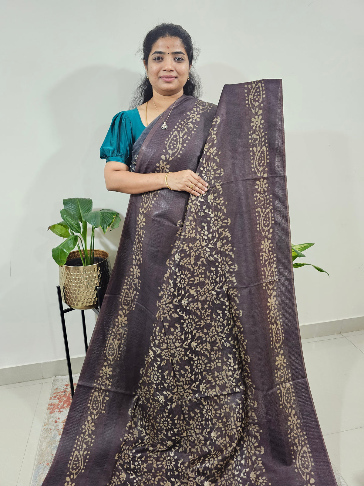 Bhagalpuri with Batik Print - Dark Brown with Honey Brown