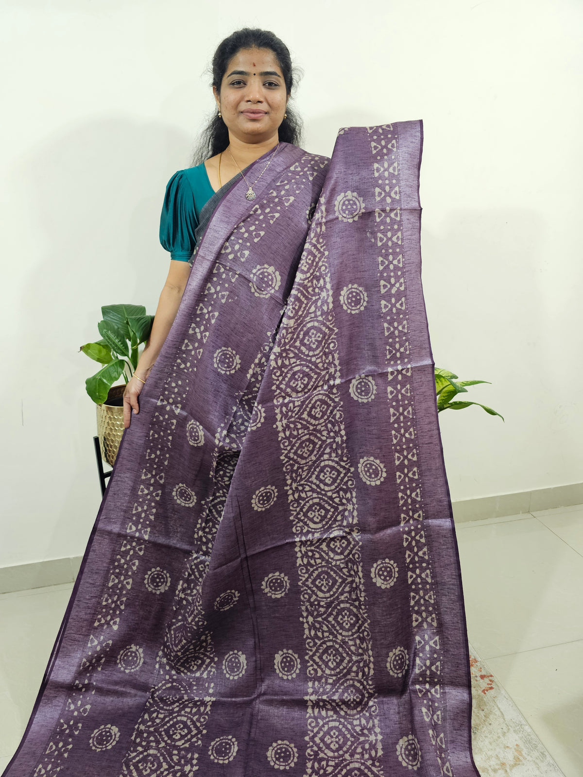 Bhagalpuri with Silver Zari Weaving Batik Print - Purple with Honey Brown
