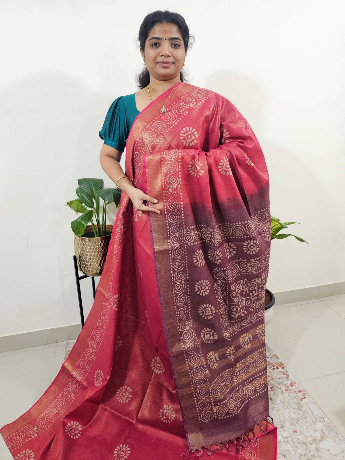 Bhagalpuri with Gold Zari Weaving Batik Print - Pink with Purple