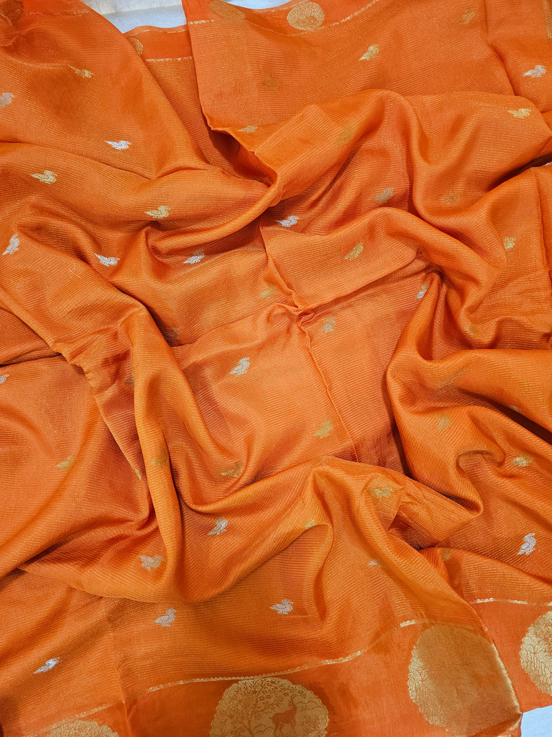 Semi Viscous Crepe Silk Saree -  Orange with Pink