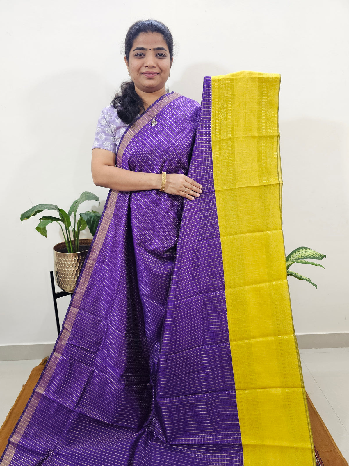 Semi Raw Silk Saree - Purple with Yellow