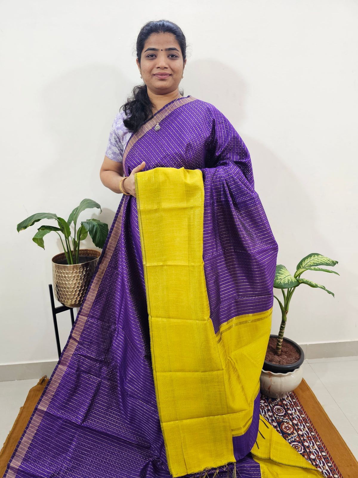 Semi Raw Silk Saree - Purple with Yellow