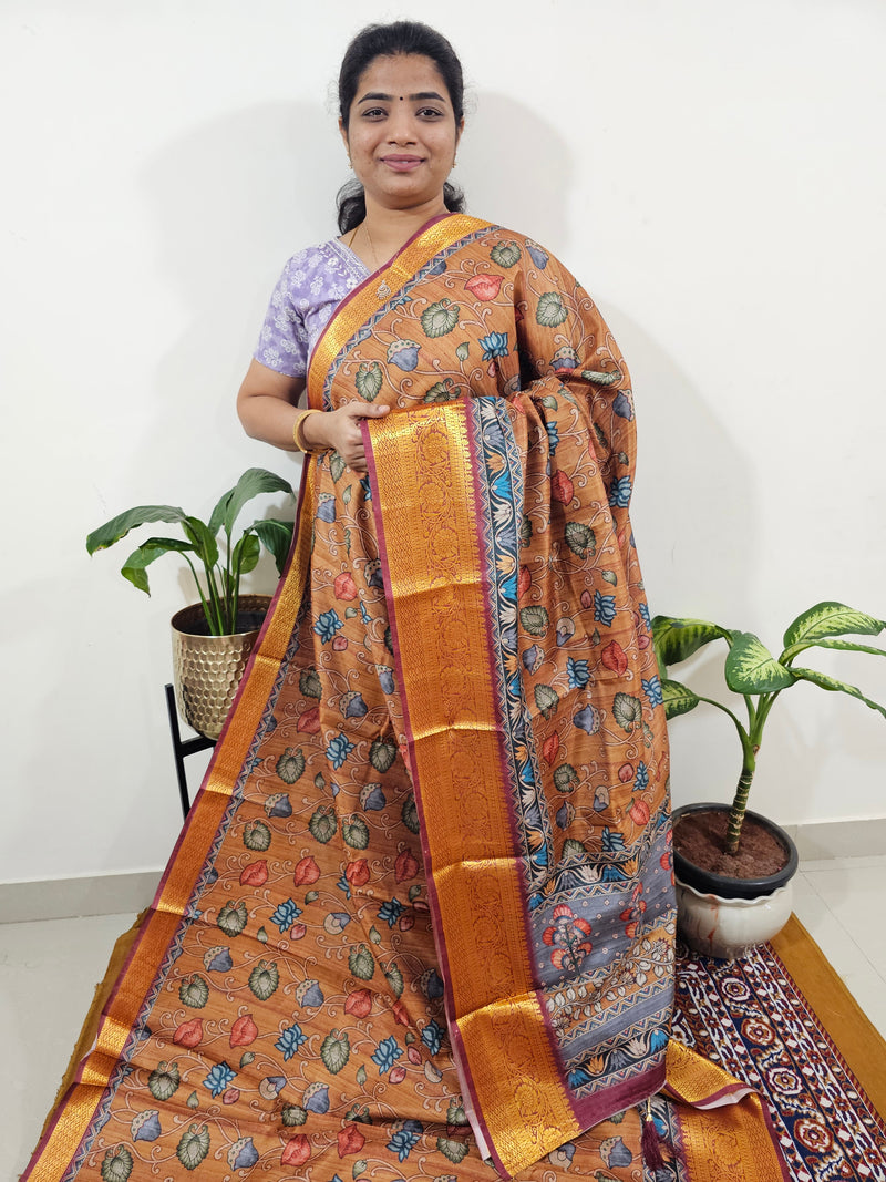 Semi Kosa Silk Saree with Kalamkari Print - Mustard Yellow