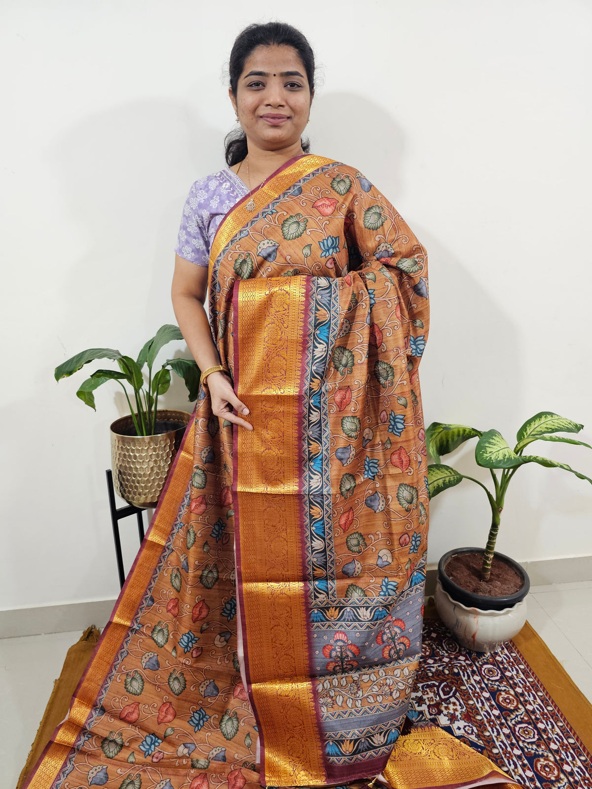 Semi Kosa Silk Saree with Kalamkari Print - Mustard Yellow