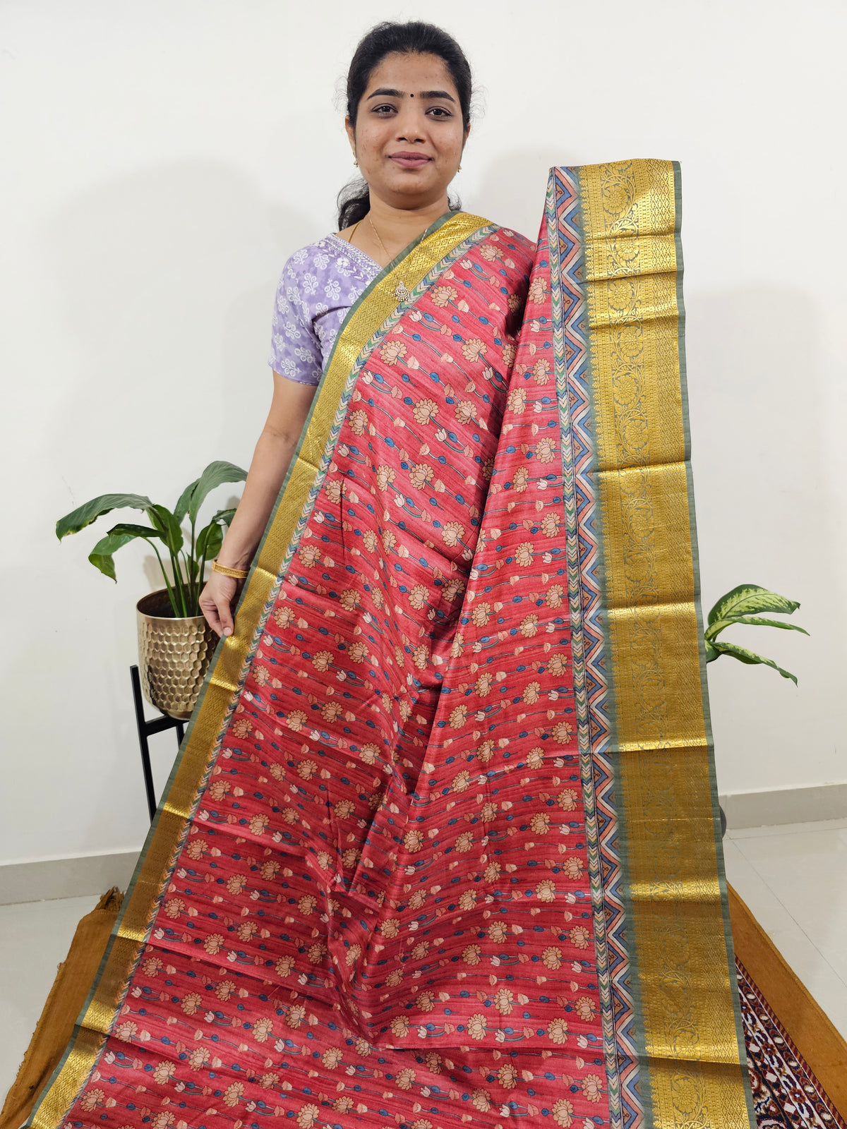 Semi Kosa Silk Saree with Kalamkari Print - Peachish Red