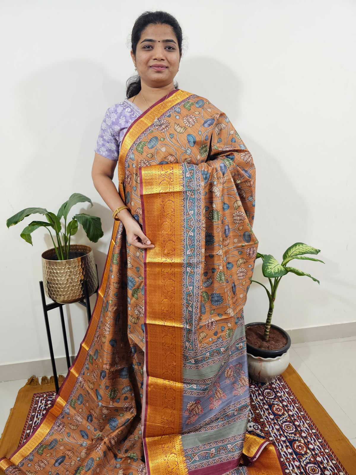Semi Kosa Silk Saree with Kalamkari Print - Mustard Yellow