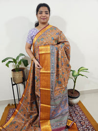 Semi Kosa Silk Saree with Kalamkari Print - Mustard Yellow