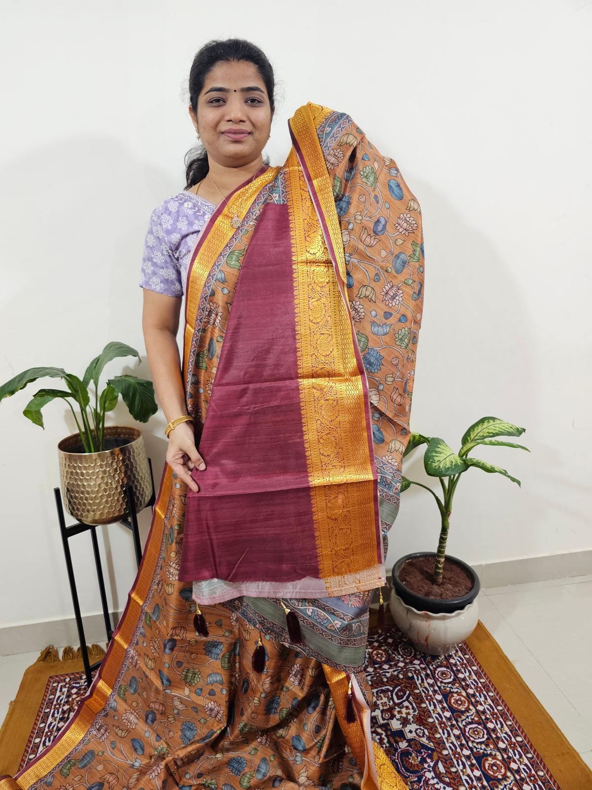 Semi Kosa Silk Saree with Kalamkari Print - Mustard Yellow