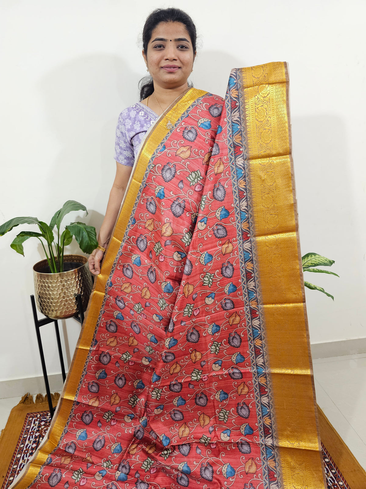 Semi Kosa Silk Saree with Kalamkari Print - Peachish Red