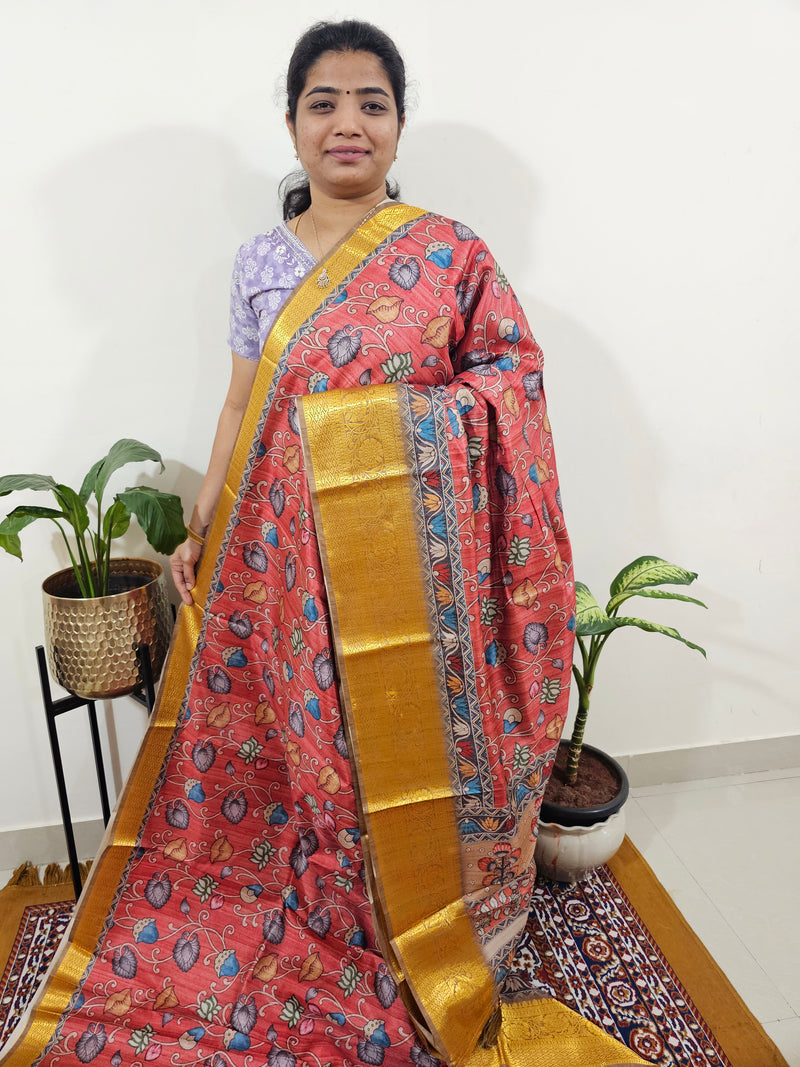 Semi Kosa Silk Saree with Kalamkari Print - Peachish Red