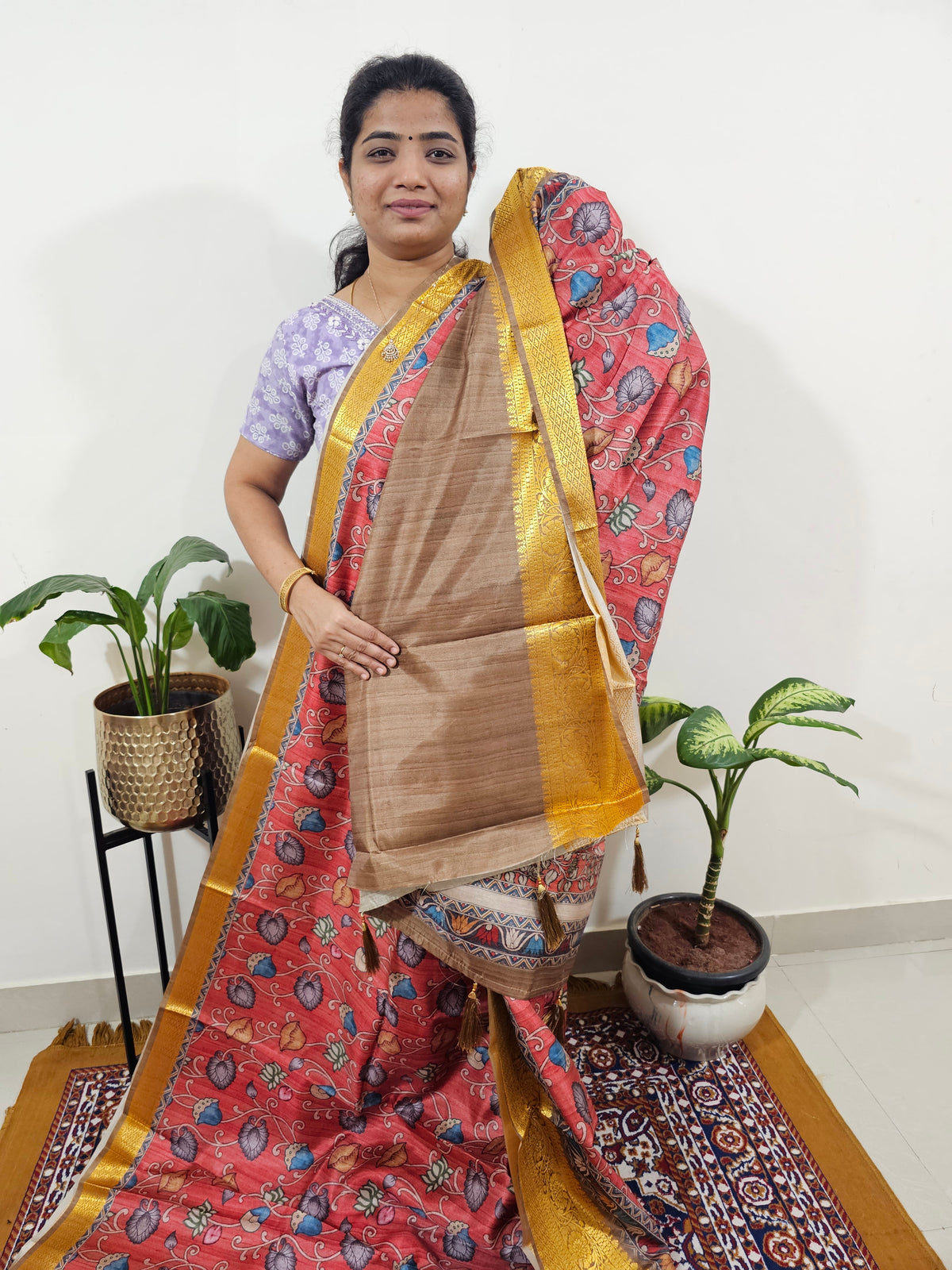 Semi Kosa Silk Saree with Kalamkari Print - Peachish Red