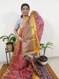 Semi Kosa Silk Saree with Kalamkari Print - Peachish Red