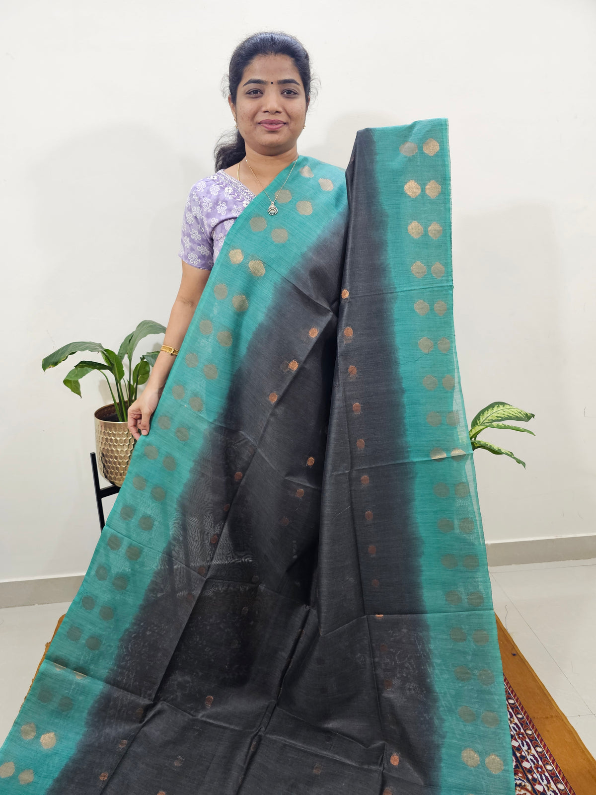 Bhagalpuri with Zari Weaving - Black with Sea Green