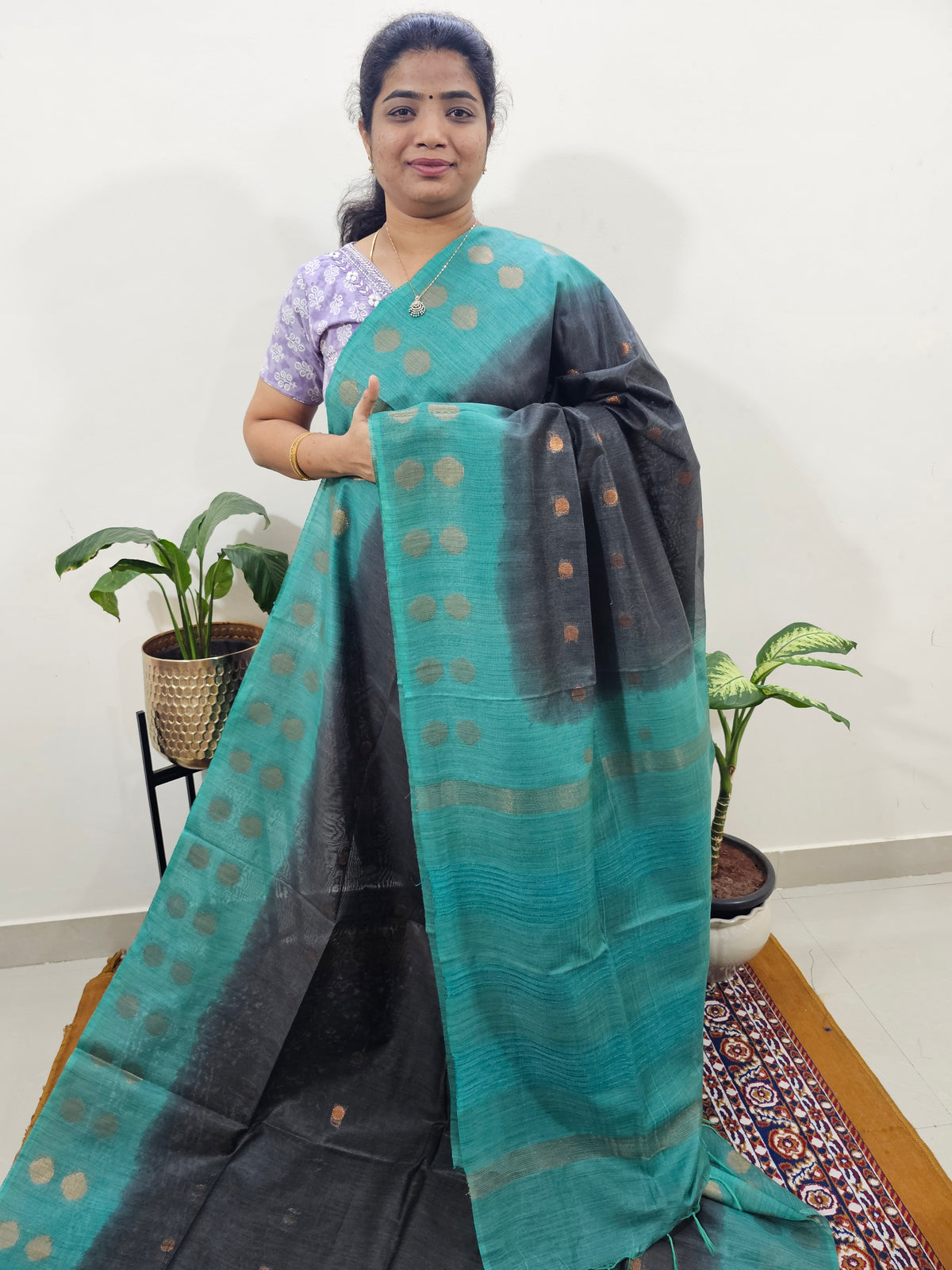 Bhagalpuri with Zari Weaving - Black with Sea Green