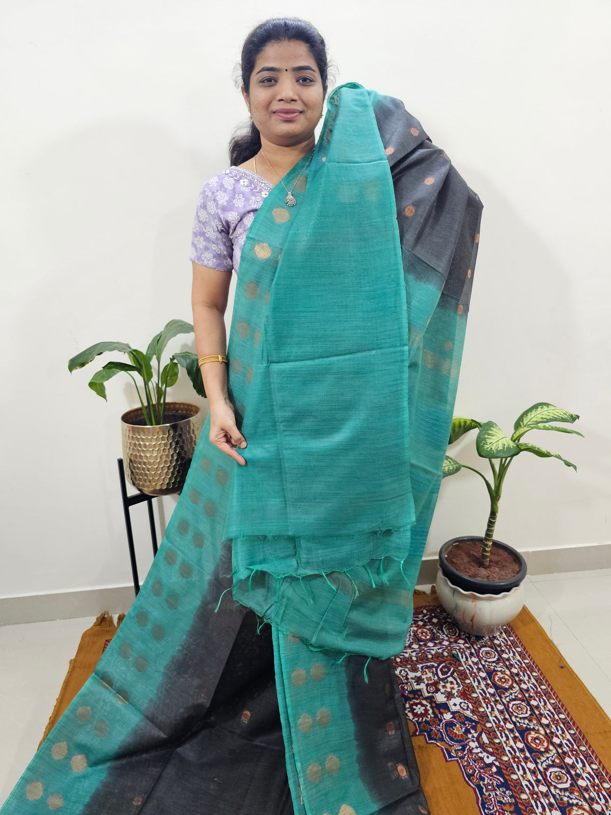 Bhagalpuri with Zari Weaving - Black with Sea Green