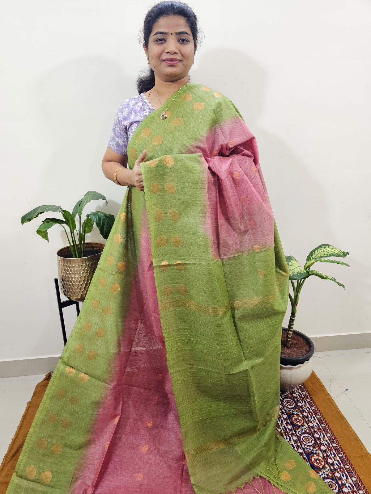 Bhagalpuri with Zari Weaving - Pink with Green