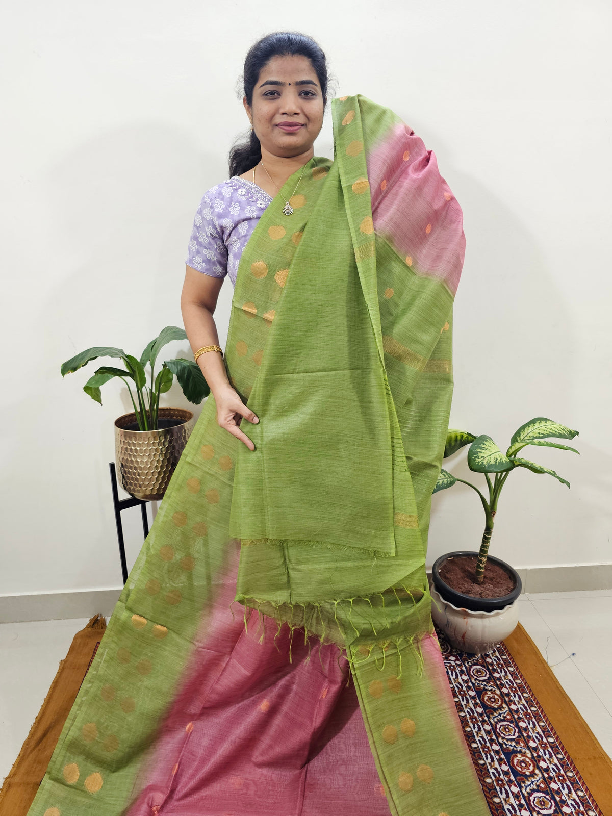 Bhagalpuri with Zari Weaving - Pink with Green