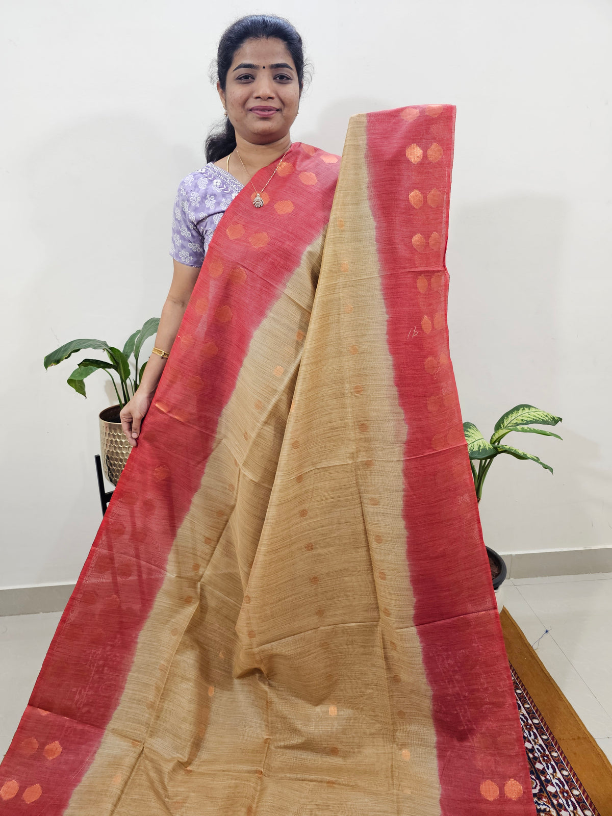 Bhagalpuri with Zari Weaving - Beige with Red