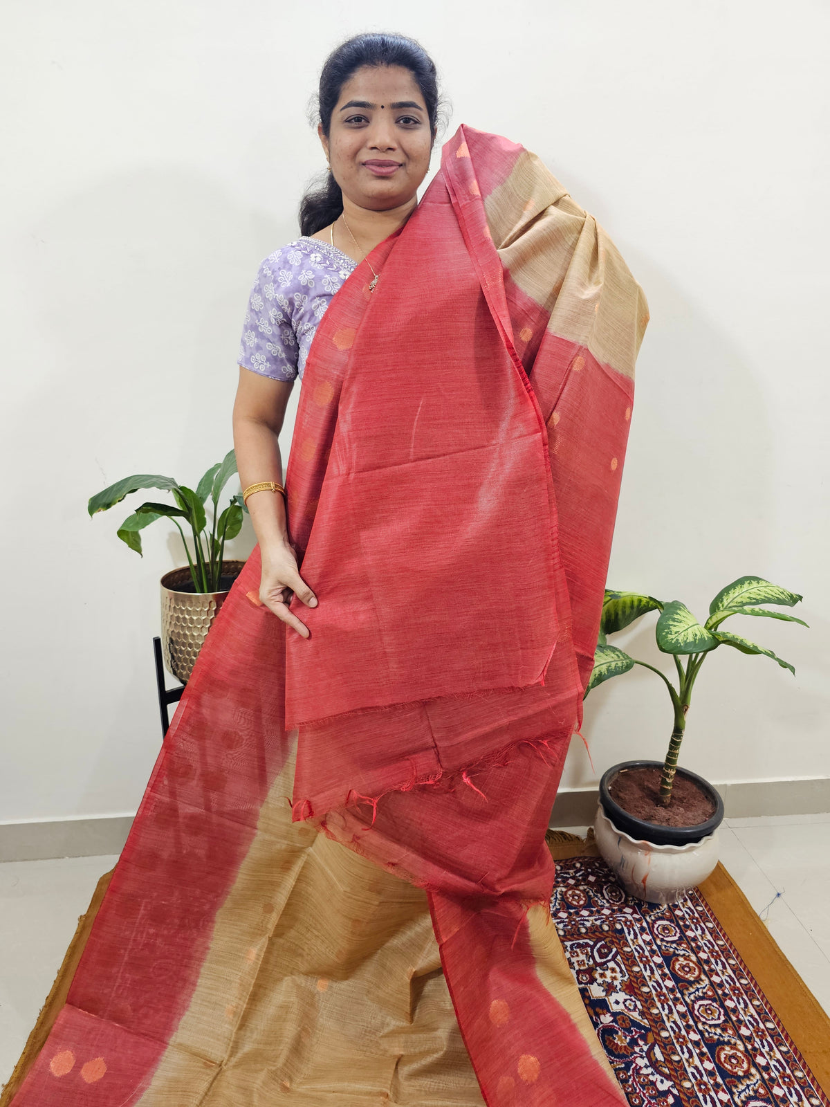 Bhagalpuri with Zari Weaving - Beige with Red