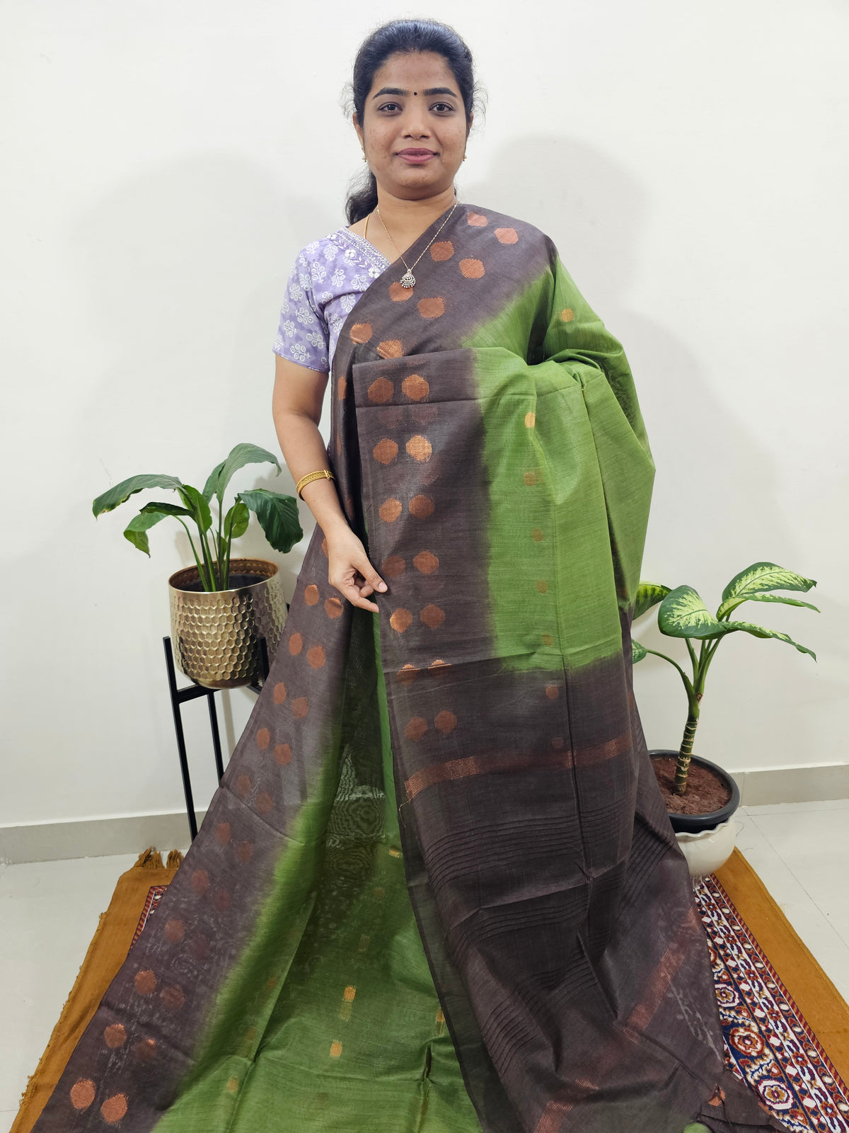 Bhagalpuri with Zari Weaving - Green with Brown