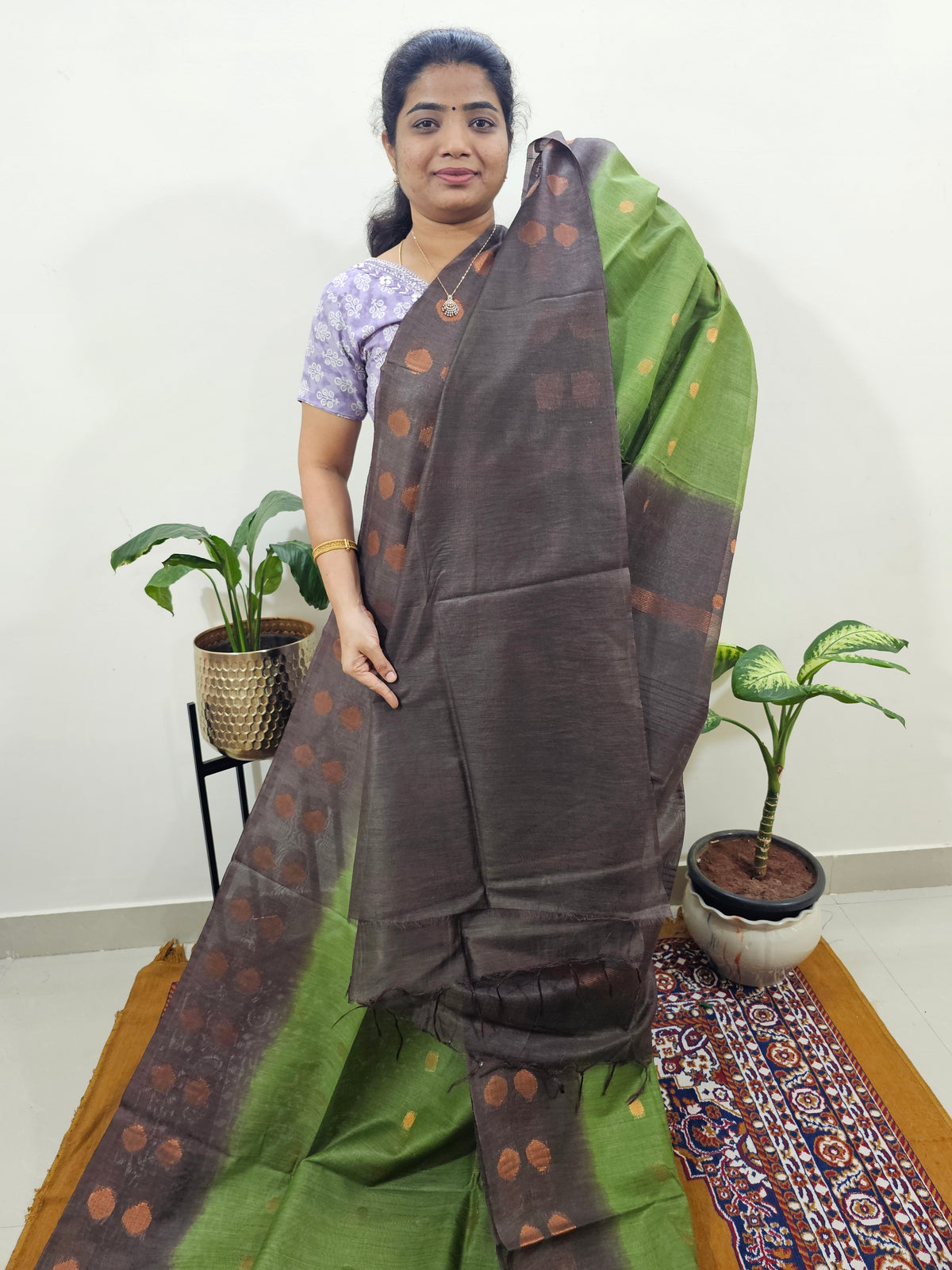 Bhagalpuri with Zari Weaving - Green with Brown