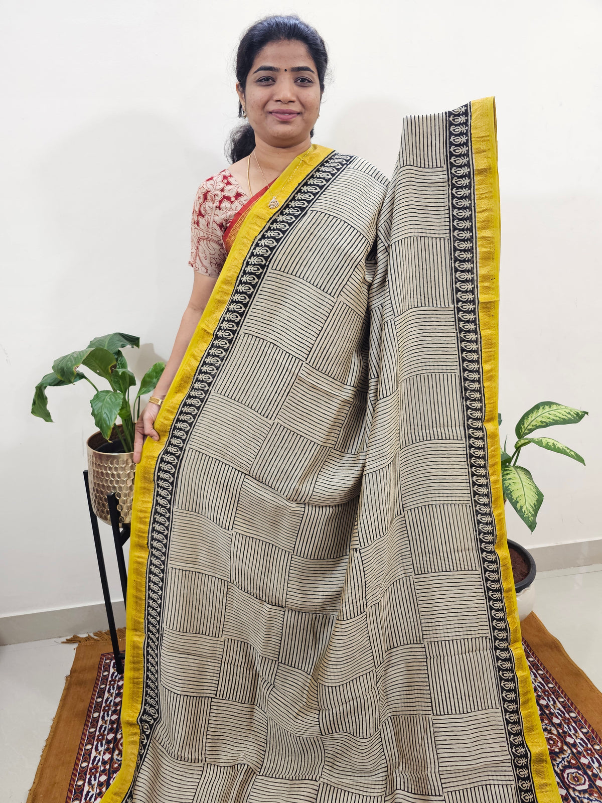 Maheshwari Silk Cotton Hand Block Printed Saree - Cream with Yellow